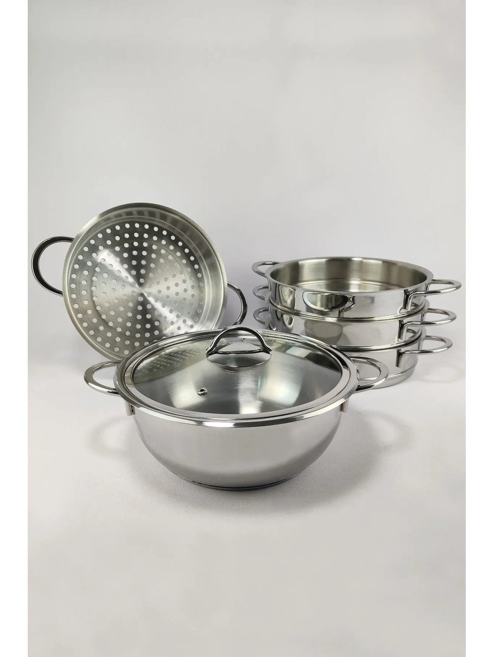 Oms 6090-C Mantı ve Haşlama Tenceresi 6 Parça Paslanmaz Çelik Cam Kapaklı 32x10 Cm 