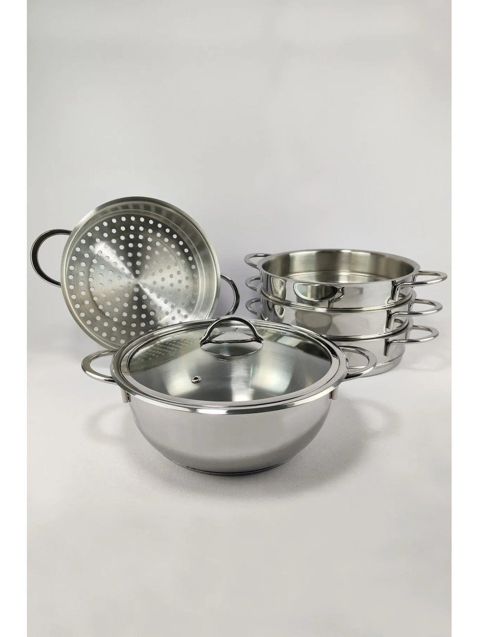 Oms 6090-C Mantı ve Haşlama Tenceresi 6 Parça Paslanmaz Çelik Cam Kapaklı 32x10 Cm 