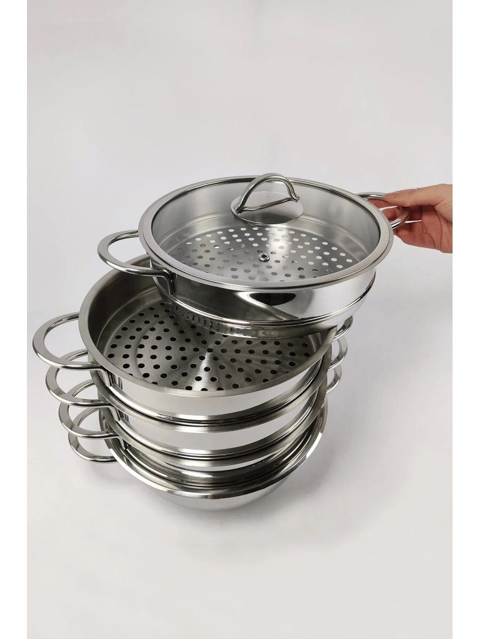 Oms 6090-C Mantı ve Haşlama Tenceresi 6 Parça Paslanmaz Çelik Cam Kapaklı 32x10 Cm 