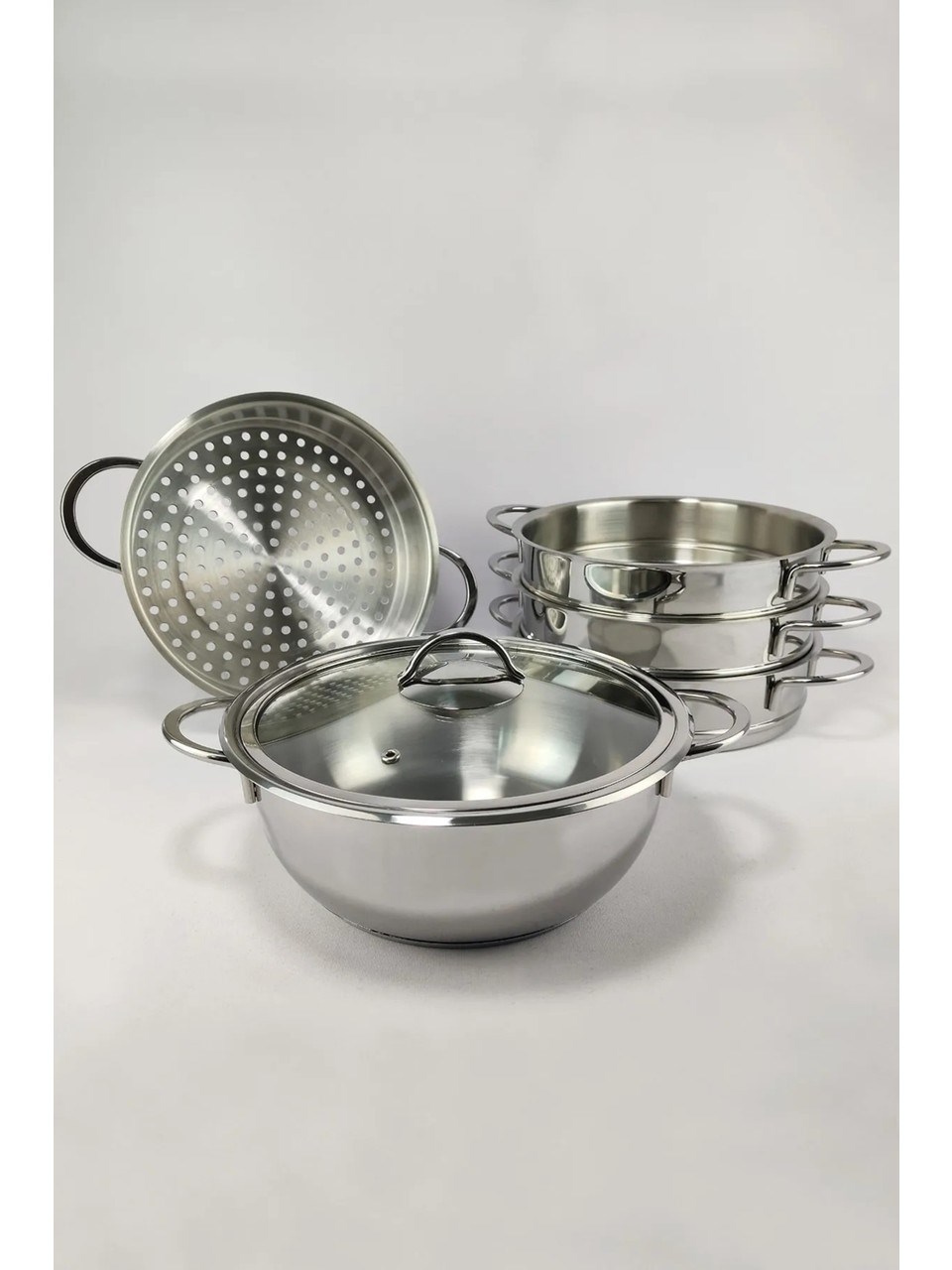 Oms 6090-C Mantı ve Haşlama Tenceresi 6 Parça Paslanmaz Çelik Cam Kapaklı 28x10 Cm 