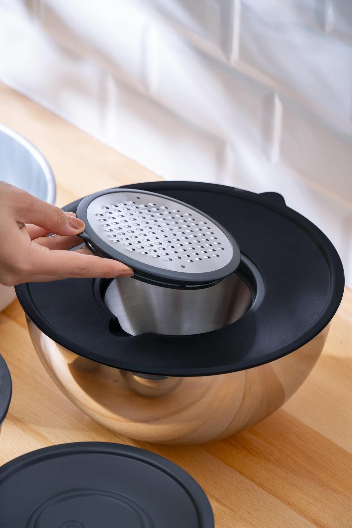 PratikŞef 9 Parça Rendeli Karıştırma ve Saklama Kabı Paslanmaz Çelik Blender Uyumlu (16-20-24 cm) 