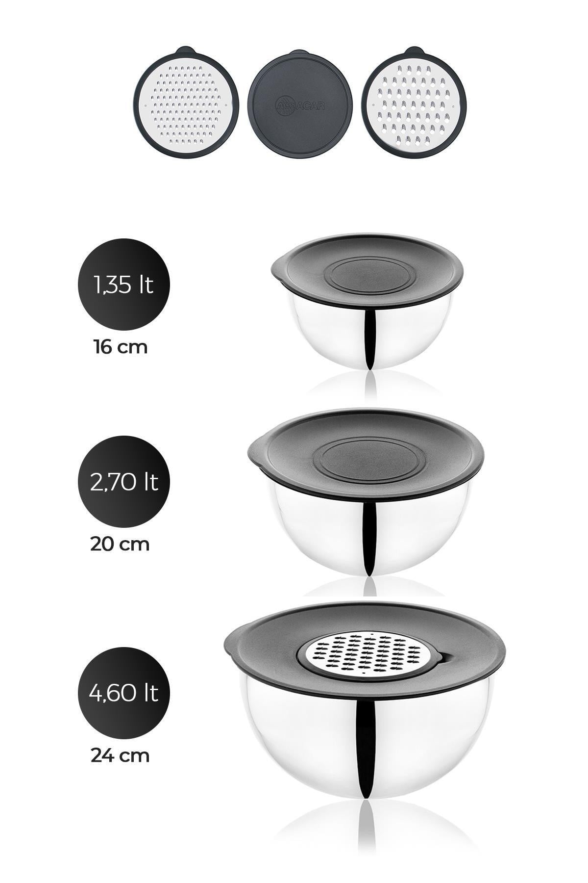 PratikŞef 9 Parça Rendeli Karıştırma ve Saklama Kabı Paslanmaz Çelik Blender Uyumlu (16-20-24 cm) 