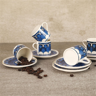 Aryıldız Wave Blue 12 Parça 6 Kişilik Porselen Türk Kahve Fincan Takımı 90 ml Ar238219 