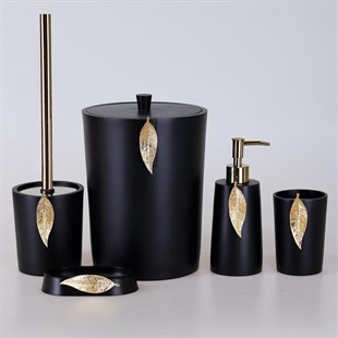 By Selim 5 Parça Polyester Banyo Seti Leaf Banyo Seti Siyah-Altın 