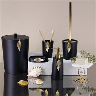 By Selim 5 Parça Polyester Banyo Seti Leaf Banyo Seti Siyah-Altın 