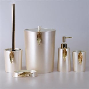 By Selim 5 Parça Polyester Banyo Seti Leaf Banyo Seti İnci Altın 