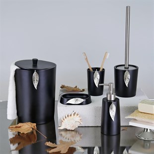 By Selim 5 Parça Polyester Banyo Seti Leaf Banyo Seti Siyah-Gümüş 
