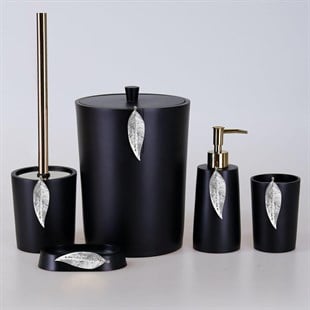By Selim 5 Parça Polyester Banyo Seti Leaf Banyo Seti Siyah-Gümüş 