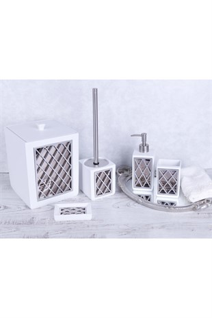 By Selim Felica Beyaz Gümüş 5 Parça Polyester Banyo Seti 