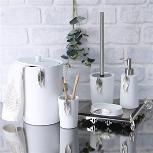 By Selim Leaf Beyaz Gümüş 5 Parça Polyester Banyo Seti 