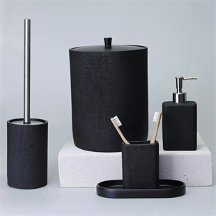 By Selim Linen Siyah 5 Parça Polyester Banyo Seti 