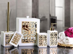 By Selim Sofia Beyaz Altın Polyester 5 Parça Banyo Seti 