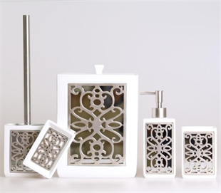 By Selim Sofia Beyaz Gümüş Polyester 5 Parça Banyo Seti 