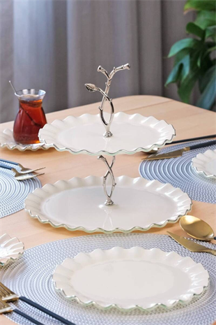 Glore Solid Krem Wavy Platin Yaldızlı Cam Kurabiyelik 81447 