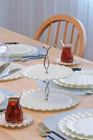 Glore Solid Krem Wavy Platin Yaldızlı Cam Kurabiyelik 81447 