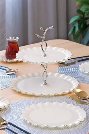 Glore Solid Krem Wavy Platin Yaldızlı Cam Kurabiyelik 81447 