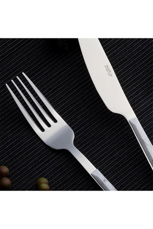 Nehir Flore Parlak Beyaz Mermer 36 Parça Çatal Bıçak Kaşık Takımı 
