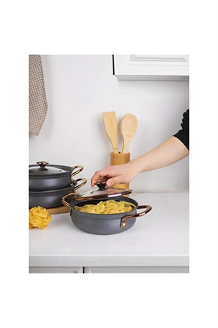 Oms 3724 6 Parça Granit Bakraç Sahan Seti 16-18-20 Cm Siyah Gold 