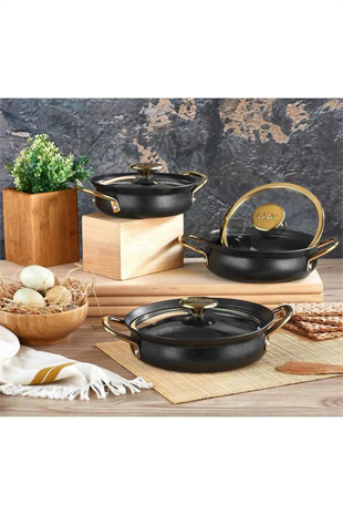 Oms 3724 6 Parça Granit Bakraç Sahan Seti 16-18-20 Cm Siyah Gold 