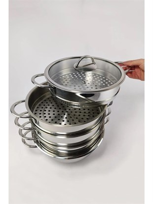Oms 6090-C Mantı ve Haşlama Tenceresi 6 Parça Paslanmaz Çelik Cam Kapaklı 28x10 Cm 