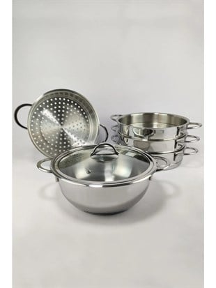 Oms 6090-C Mantı ve Haşlama Tenceresi 6 Parça Paslanmaz Çelik Cam Kapaklı 28x10 Cm 