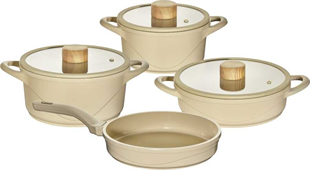 Oms Oyster Biogranit Seramik 7 Parça Tencere Seti Krem Gövde Ahşap Detay 12050 