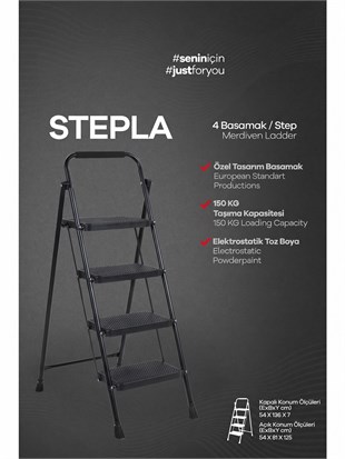 Perilla Stepla Katlanır Çelik Merdiven 4 Basamaklı Siyah Ev & Ofis Kullanımı 51404 
