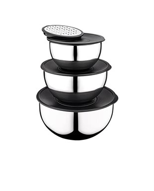 PratikŞef 9 Parça Rendeli Karıştırma ve Saklama Kabı Paslanmaz Çelik Blender Uyumlu (16-20-24 cm) 