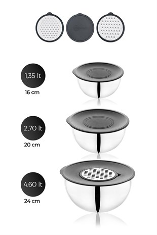 PratikŞef 9 Parça Rendeli Karıştırma ve Saklama Kabı Paslanmaz Çelik Blender Uyumlu (16-20-24 cm) 