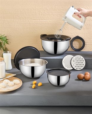 PratikŞef 9 Parça Rendeli Karıştırma ve Saklama Kabı Paslanmaz Çelik Blender Uyumlu (16-20-24 cm) 