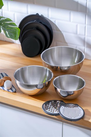 PratikŞef 9 Parça Rendeli Karıştırma ve Saklama Kabı Paslanmaz Çelik Blender Uyumlu (16-20-24 cm) 