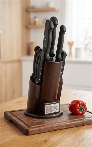 Sürmene Mutfak Bıçak Seti Eskitme Ahşap Kütüklü Standlı 10 Parça Çeyiz Bıçak Set Sürbisa 61504 