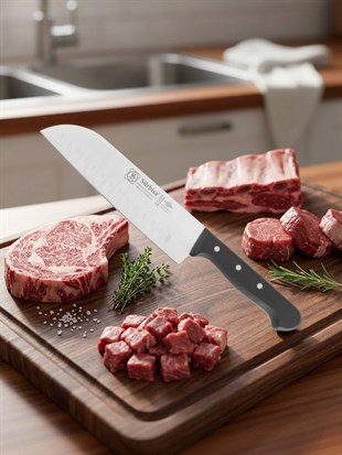 Sürmene Şef Aşçı Bıçağı Profesyonel Oluklu Santoku Bıçağı 31 cm Pimli Sap Sürbisa 61095 
