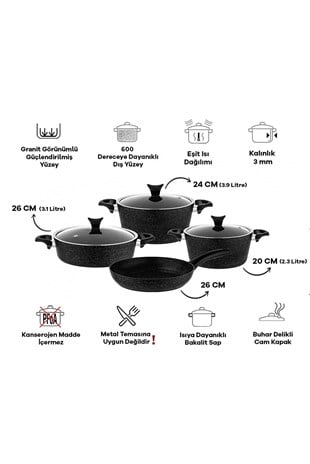 TAÇ MASTER COOK 7 PARÇA GRANİT TENCERE SETİ SİYAH 3455 