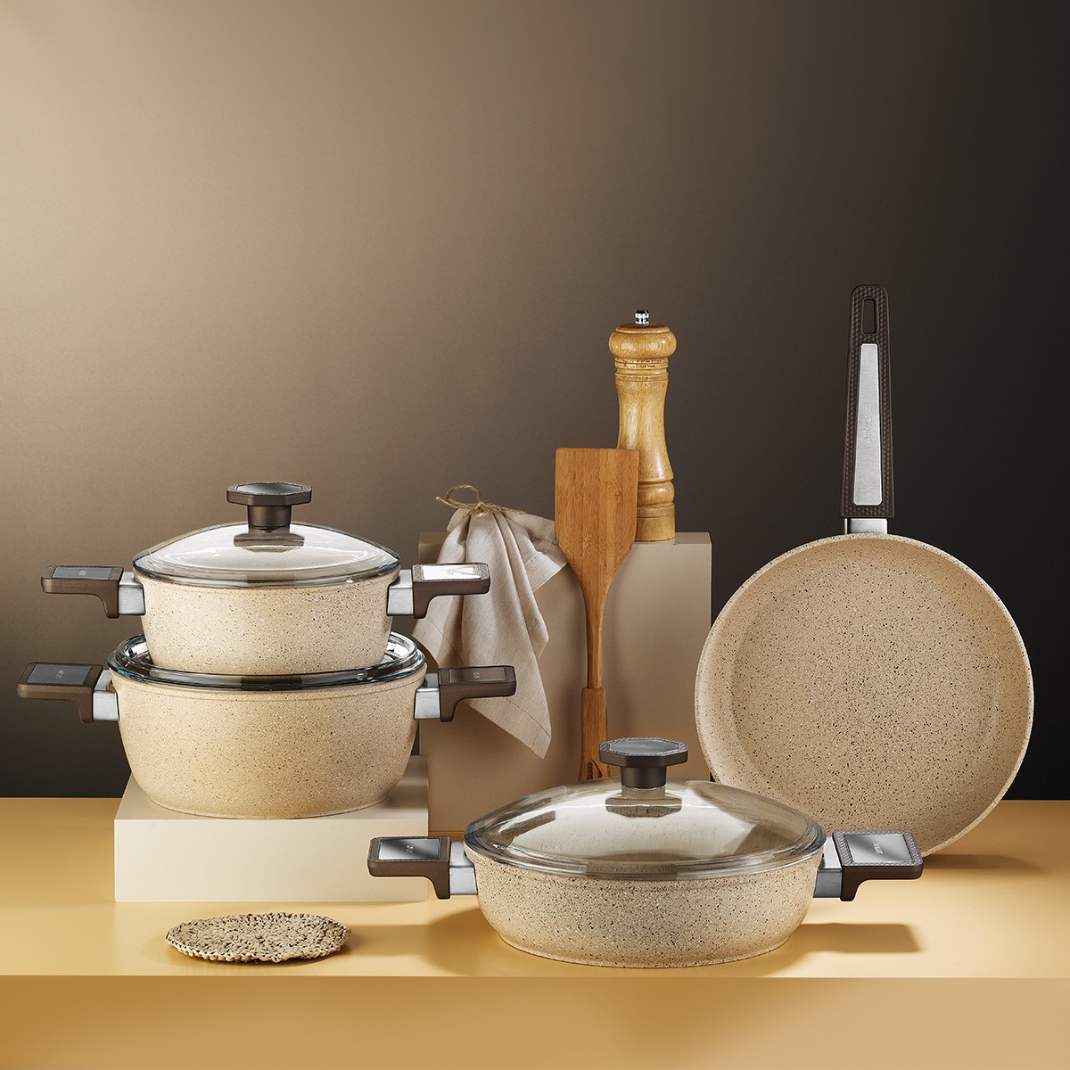 Aryıldız Vortex Cappuccino 7 Parça Granit Tencere Seti Ar260210 