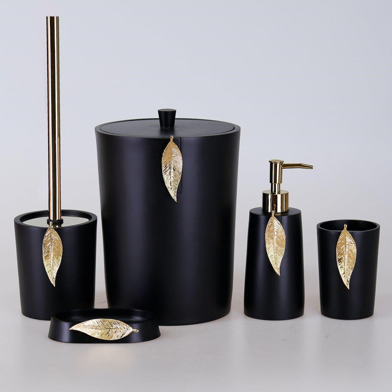 By Selim 5 Parça Polyester Banyo Seti Leaf Banyo Seti Siyah-Altın 