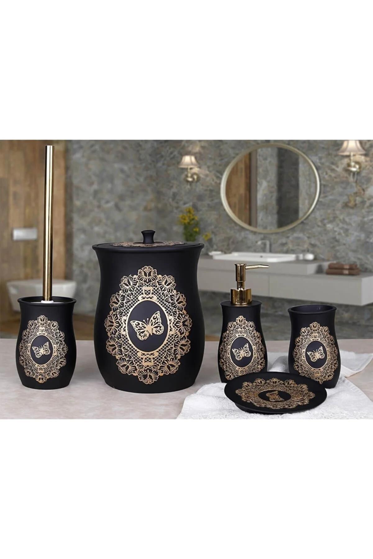 By Selim Butterfly Siyah 5 Parça Polyester Banyo Seti 