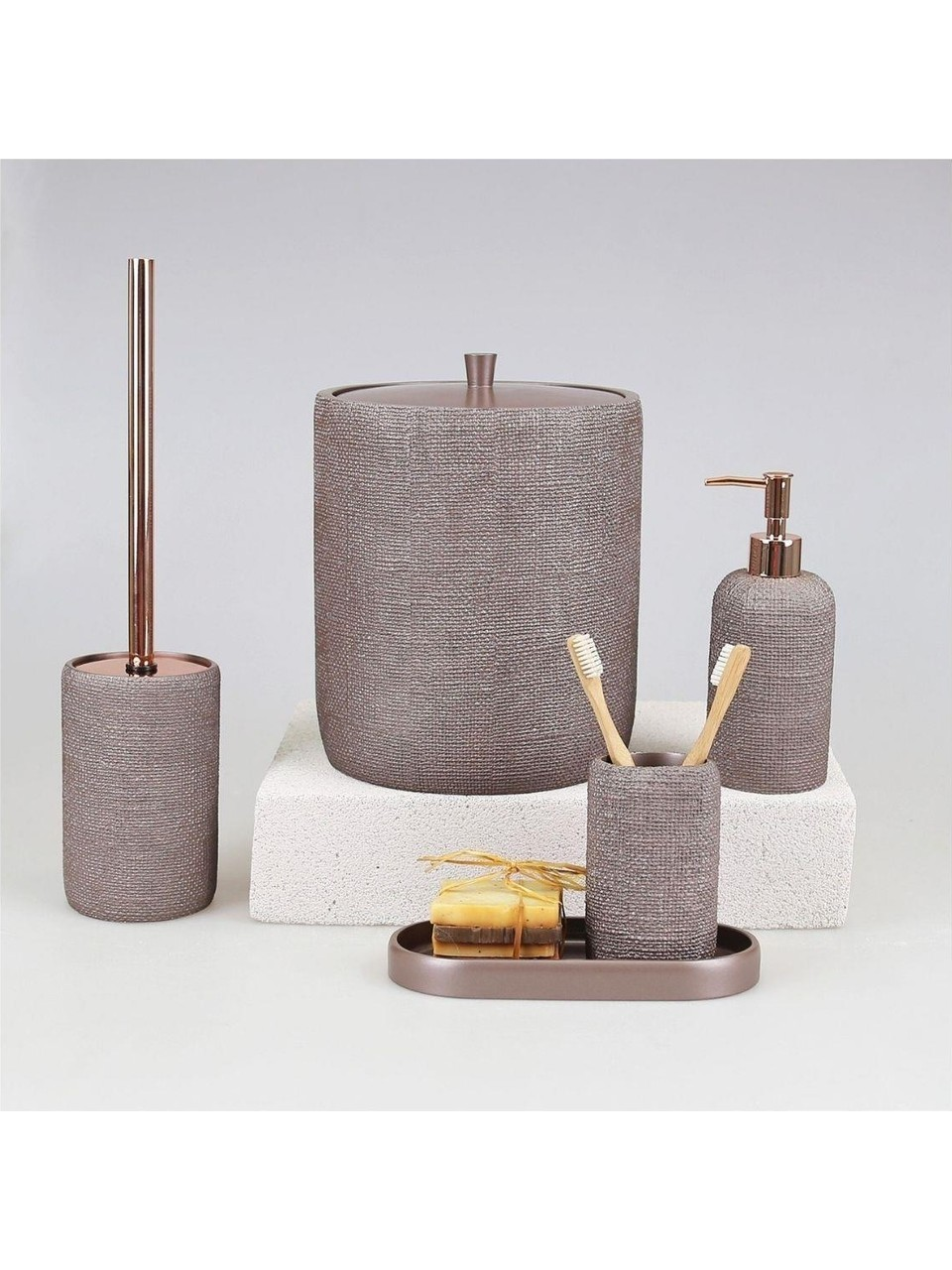 By Selim Natural Taupe 5 Parça Polyester Banyo Seti 