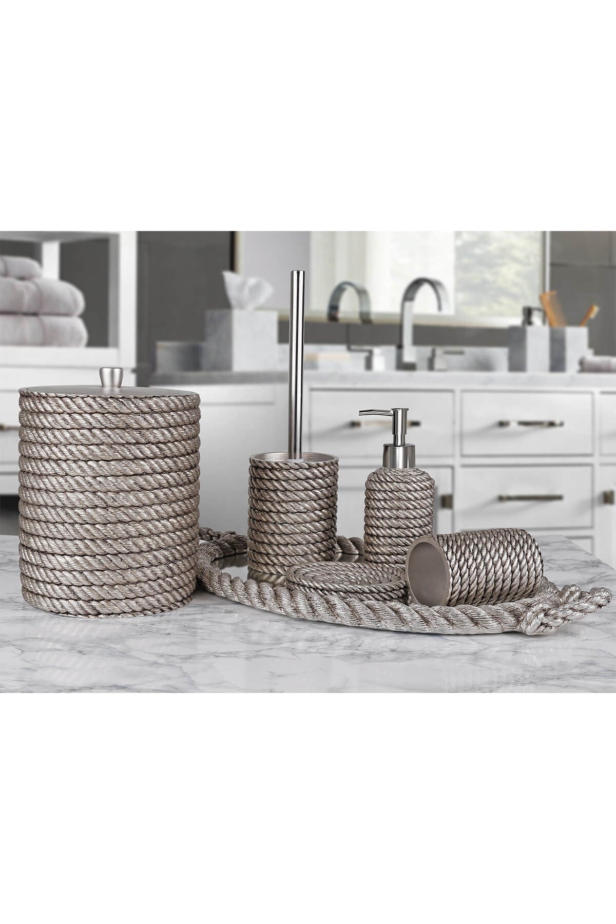 By Selim Rope Gümüş 5 Parça Polyester Banyo Seti 