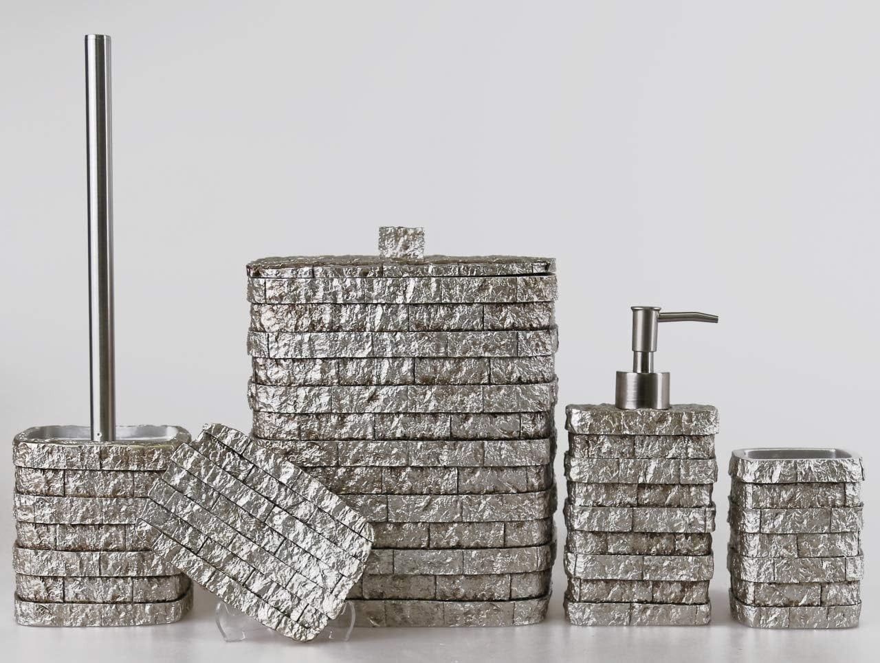 By Selim Stone Gümüş 5 Parça Polyester Banyo Seti 