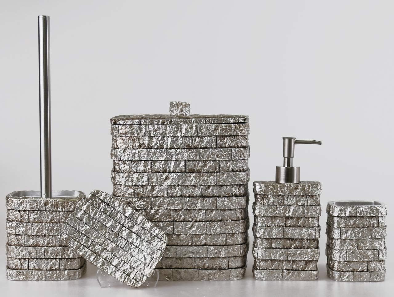 By Selim Stone Gümüş 5 Parça Polyester Banyo Seti 