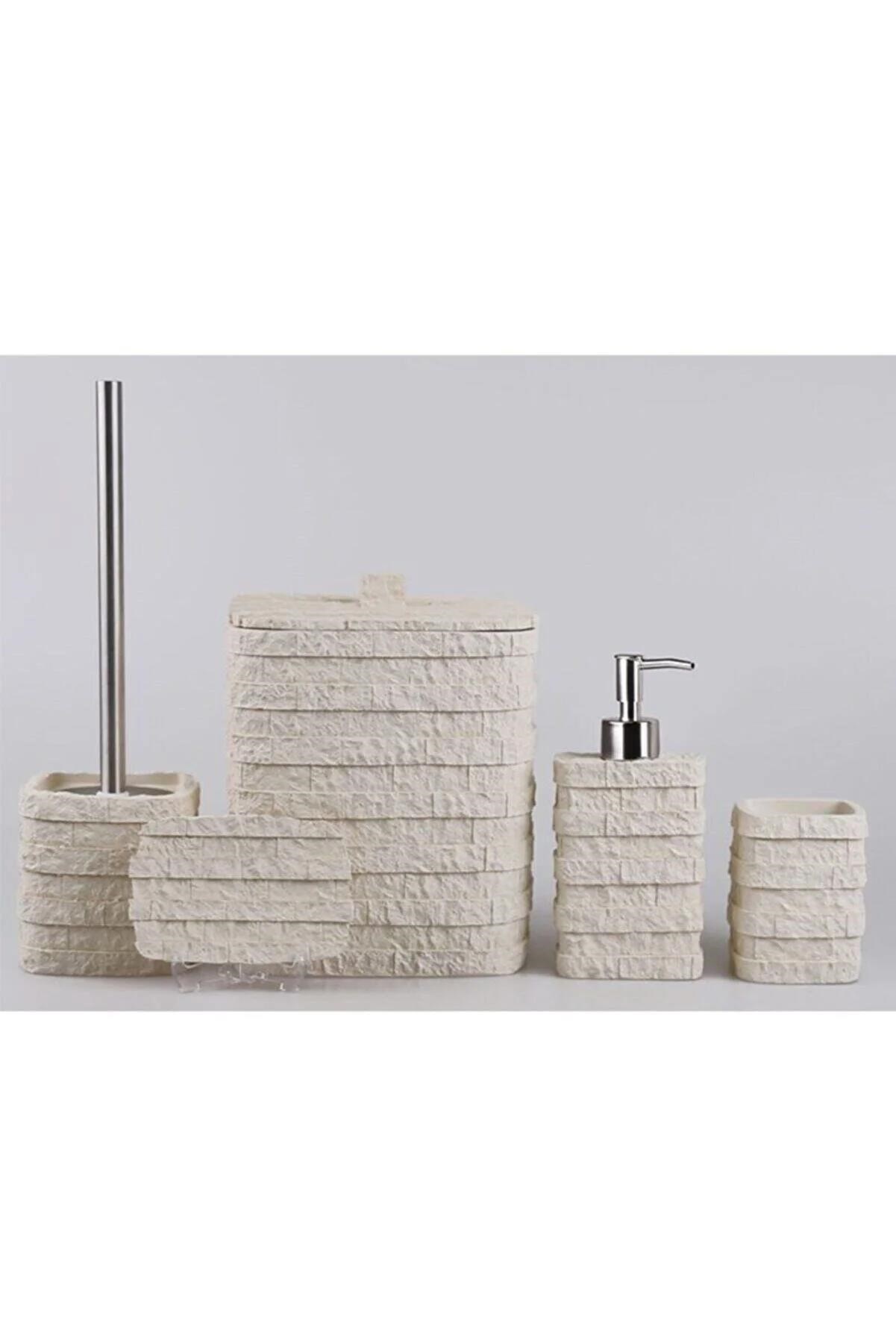 By Selim Stone Krem 5 Parça Polyester Banyo Seti 