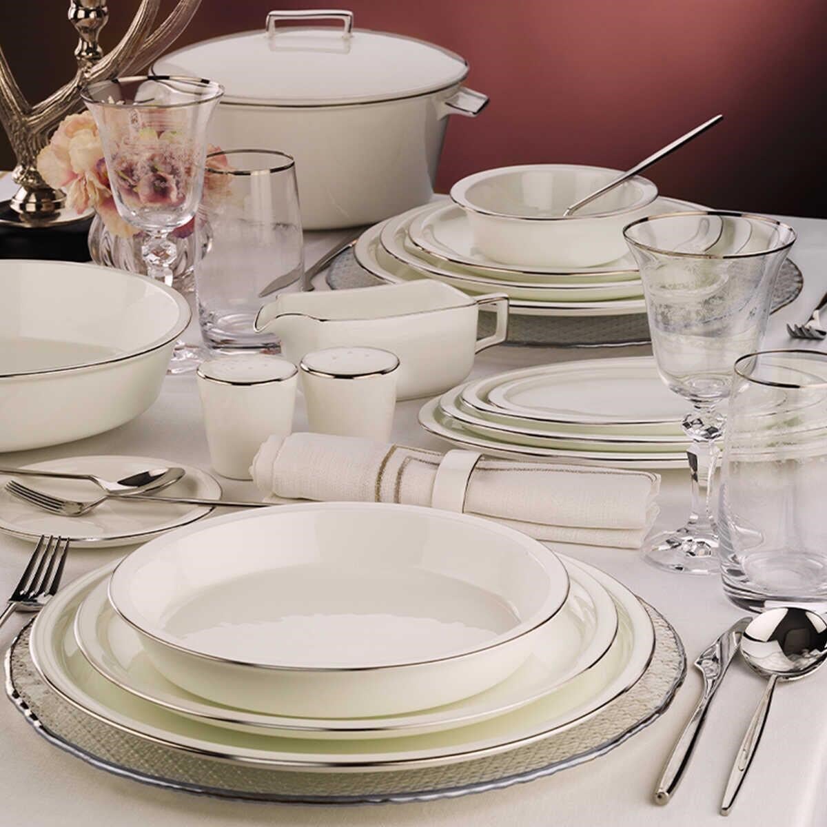 Evaliza Alaia Platin 2mm 60 Parça 12 Kişilik Porselen Yemek Takımı 