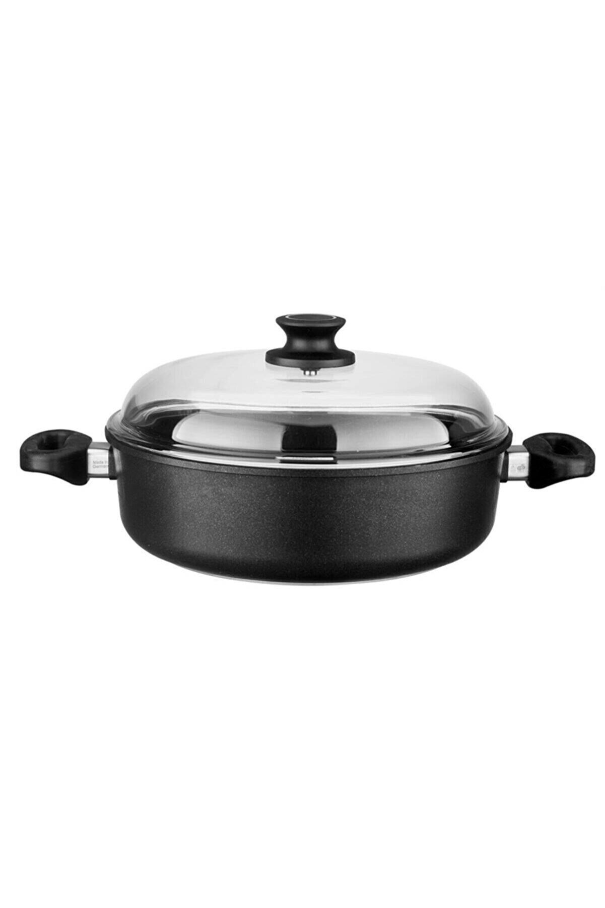 Leggno Black Gourmet Döküm Yapışmaz Yüzey Pyrex Cam Kapak Sığ Tencere İndüksiyonlu 20 cm 