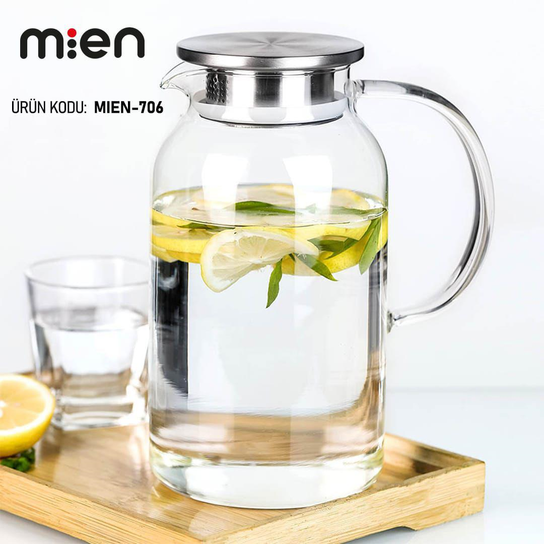 Mien Cam Sürahi Isıya Dayanıklı Borosilikat İnce Cam 1,8 Litre Süzgeç Kapaklı Mien-706 
