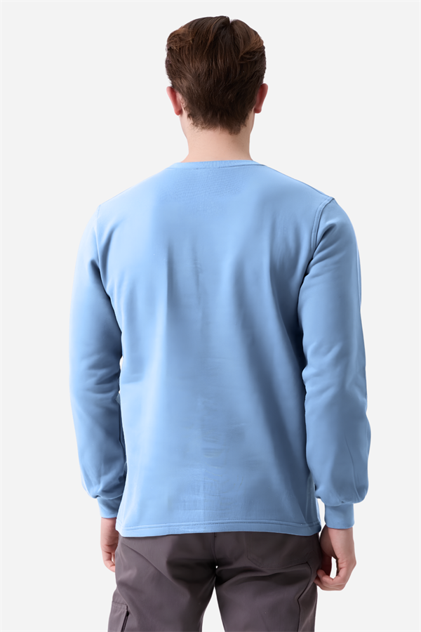 Açık Mavi Pamuklu Ve Uzun Kollu Kışlık Kadın/Erkek Unisex O/Bisiklet Yaka Sweatshirt