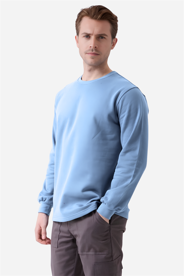 Açık Mavi Pamuklu Ve Uzun Kollu Kışlık Kadın/Erkek Unisex O/Bisiklet Yaka Sweatshirt