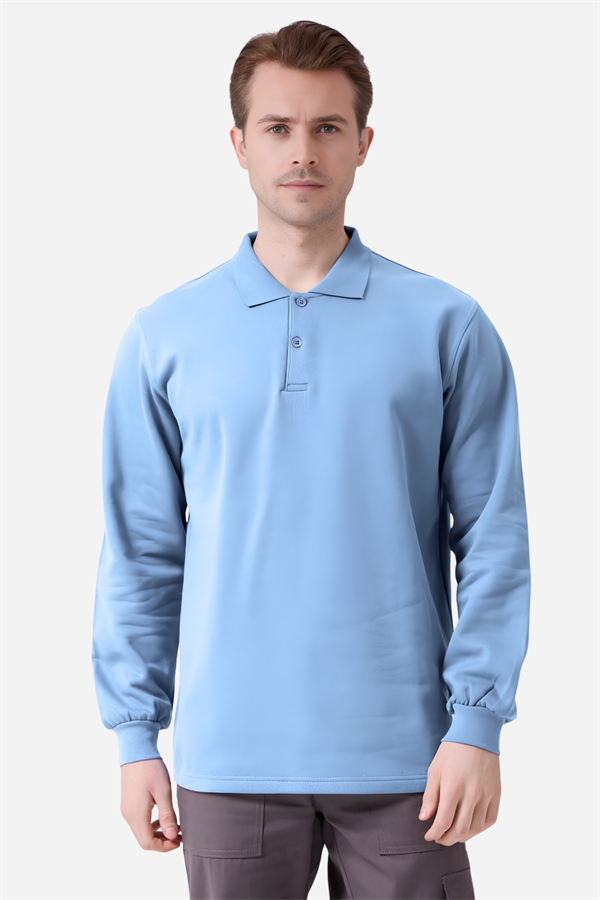 Açık Mavi Pamuklu Ve Uzun Kollu Kışlık Kadın/Erkek Unisex Polo Yaka Sweatshirt