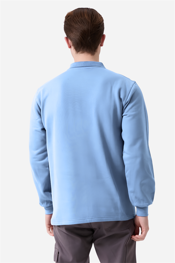 Açık Mavi Pamuklu Ve Uzun Kollu Kışlık Kadın/Erkek Unisex Polo Yaka Sweatshirt