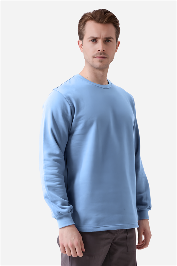 Açık Mavi Pamuklu Ve Uzun Kollu Kışlık Kadın/Erkek Unisex O/Bisiklet Yaka Sweatshirt